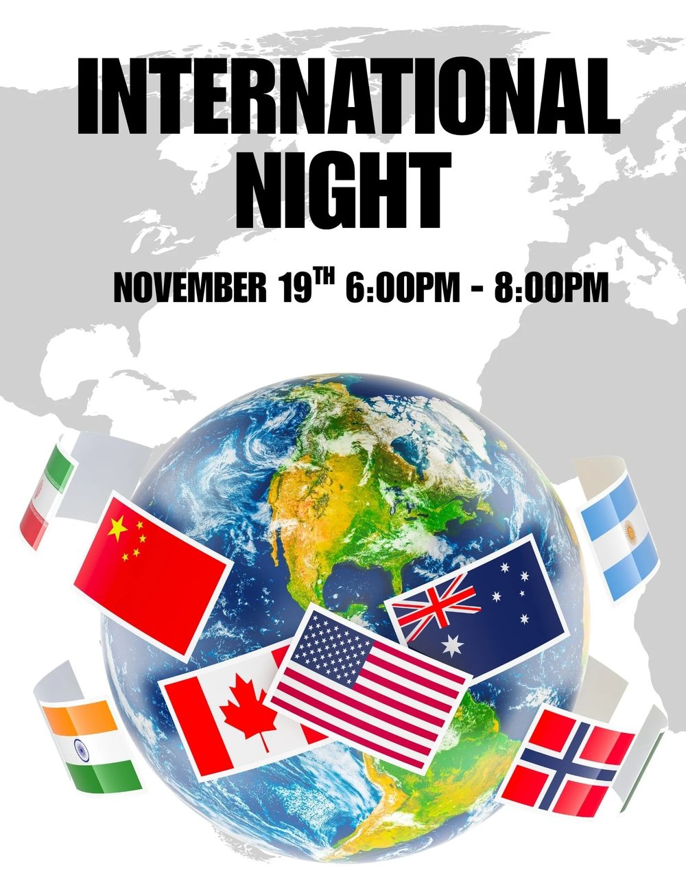 International Night, November 19, 6:00 to 8:00 PM